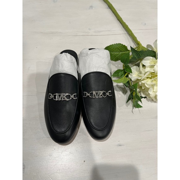 NEW Michael Kors Black Leather Mules Slides Loafers Size 6M Silver MK Chain - Picture 1 of 7